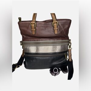 Fossil Explorer X-Large Multi Brown Leather Foldover Crossbody Handbag